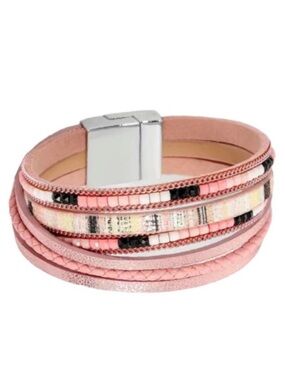 Pink Leather Multi Layer Shimmer Magnetic Bracelet